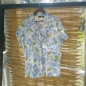 Gloria Vanderbilt 1X Blue Green All Over Floral Swiss Dot Cotton Aloha Top Plus